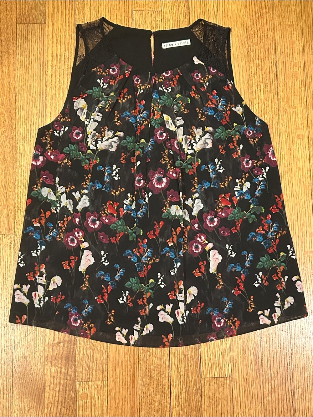 Alice + Olivia Black Silk Floral Blouse with Lace Yoke Size XS